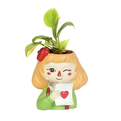 Resin Cute Naughty Winking Girl with Moneyplant Pot Flower Pot Home and Garden Decorative